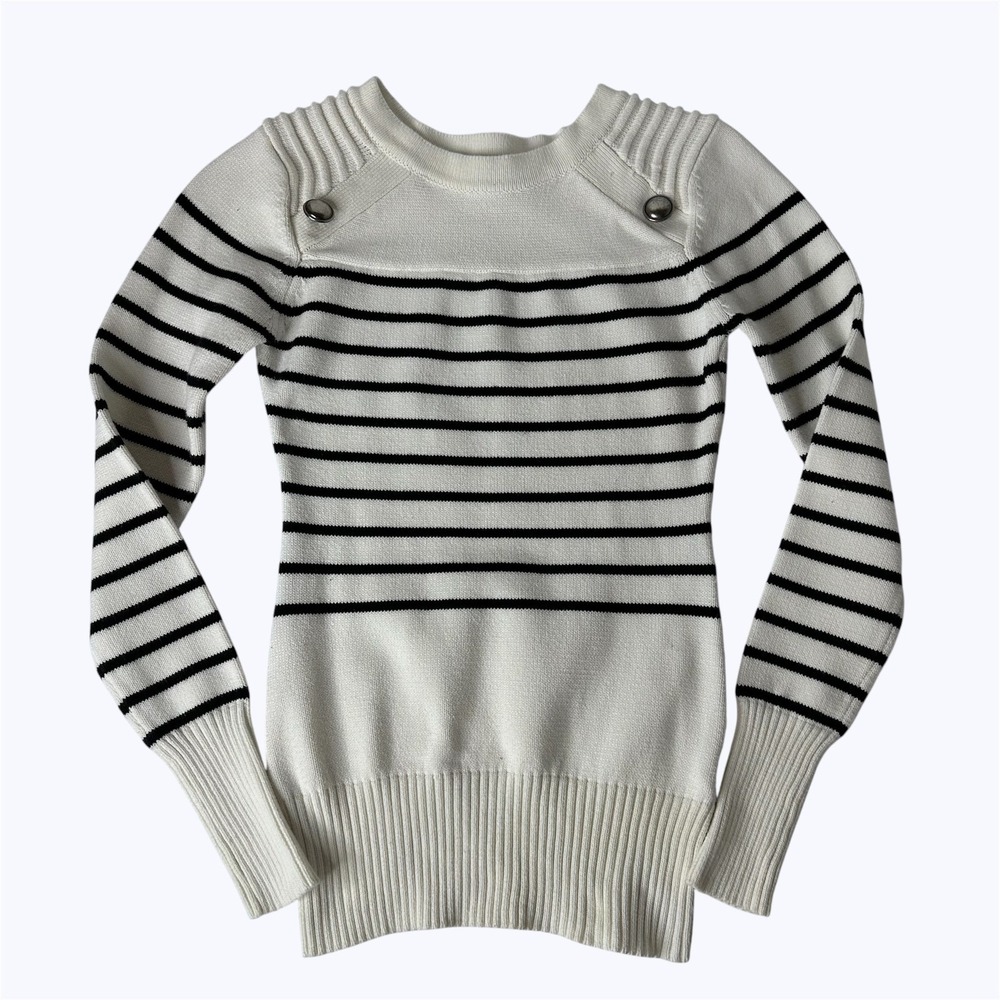 Patty Boutik Sweater White Black Striped Button Shoulder Nautical Military Sz S